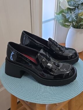Dirty Laundry Brand Womens Black Patent Leather Slip-on Chunky Heels Loafers 7.5
